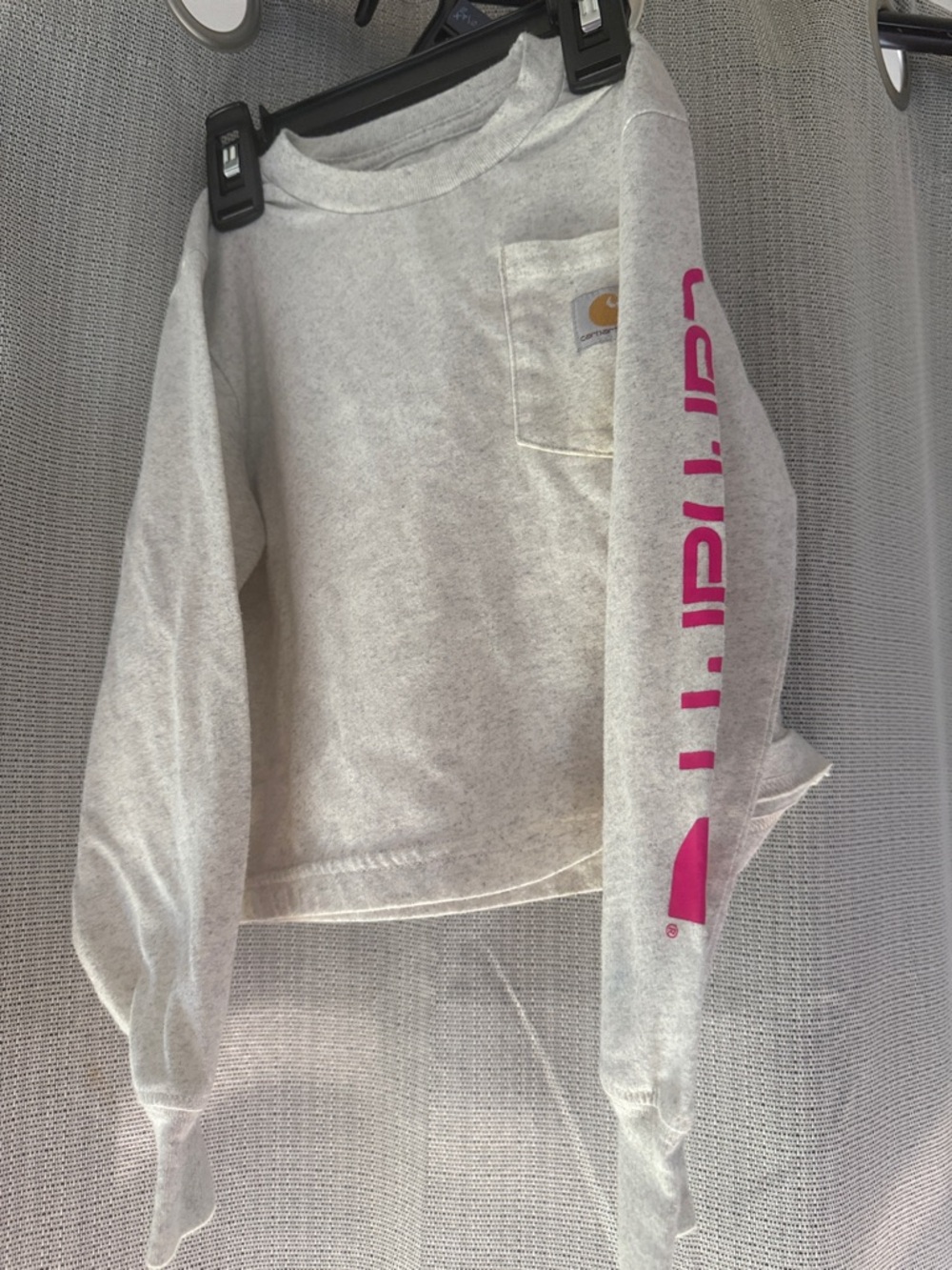 Carhartt Light Gray Long Sleeve Pocket Tee with Pink Sleeve Logo